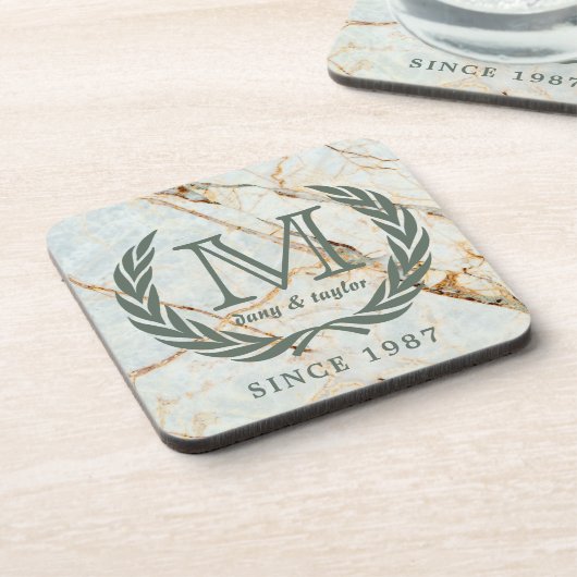 月桂樹の葉のクラシックなモノグラムの美しい大理石 コースター (左側)