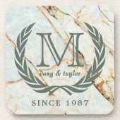 月桂樹の葉のクラシックなモノグラムの美しい大理石 コースター (正面)