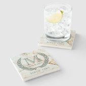 月桂樹の葉のクラシックなモノグラムの美しい大理石 ストーンコースター (横)