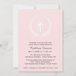 月桂樹、十字、ピンク、最初聖餐 招待状