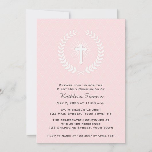 月桂樹、十字、ピンク、最初聖餐 招待状 (正面)