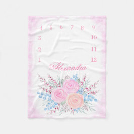 月次マイルストーンウォーターカラーピンクローゼベビーガール フリースブランケット