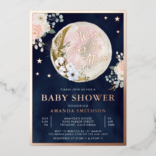 月海軍の青い赤ちゃんシャワーピンクのローズ金ゴールド 箔招待状 (正面)