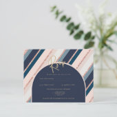 月海軍ブルー赤面ピンクローズ金ゴールド ポストカード (スタンド正面)