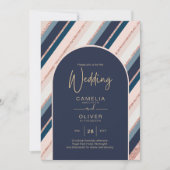 月海軍ブルー赤面ピンクローズ金ゴールド 招待状 (正面)