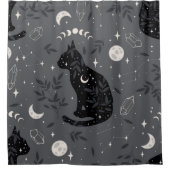 月相と共に描かれた宇宙風黒猫のデザイン、クリスタル シャワーカーテン (正面)