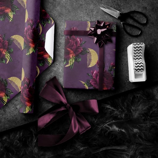 月相と紫のバラ |ゴージャスなニューエイジ ラッピングペーパー