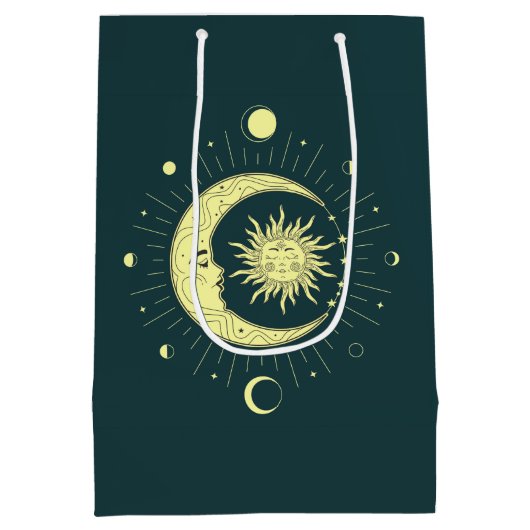 月相を持つ太陽と月の天体デザイン ミディアムペーパーバッグ (裏面)