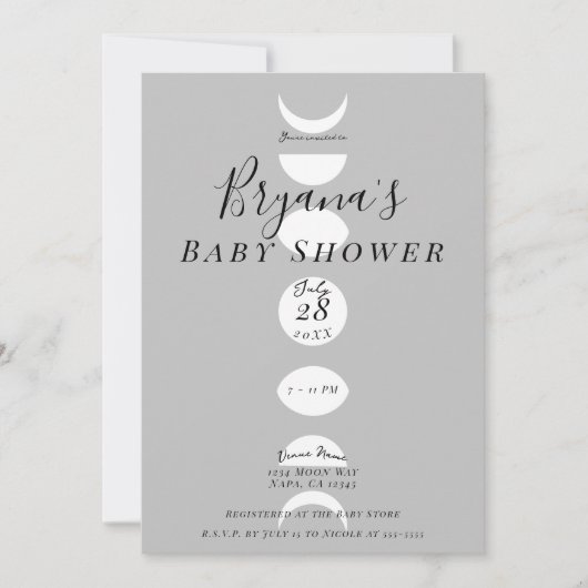 月相サイクルグレーと白の赤ちゃんシャワー 招待状 (正面)