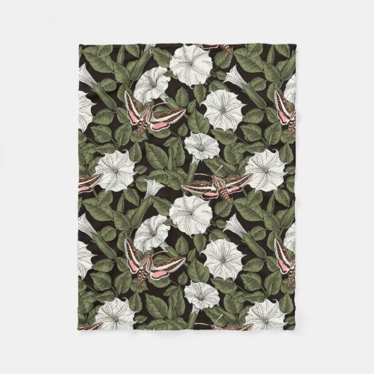 月花とスフィンクスの蛾 フリースブランケット (正面)