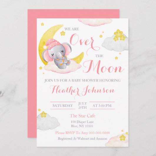 月象の女の子の赤ちゃんシャワーの上 招待状 (正面/裏面)