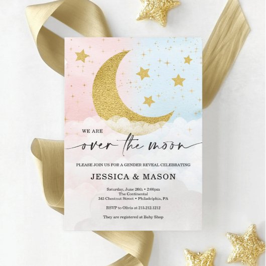 月越しに男女がピンクとブルーの招待状を明かす プログラム