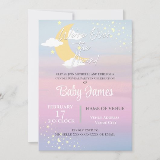 月越しに登場するジェンダーがピンクのブルーパープル 招待状 (正面)