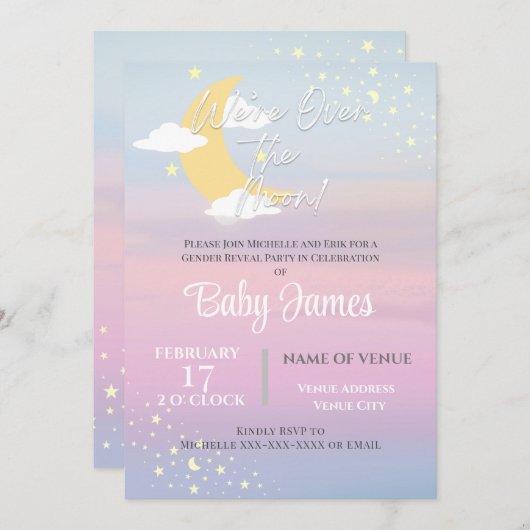 月越しに登場するジェンダーがピンクのブルーパープル 招待状 (正面/裏面)