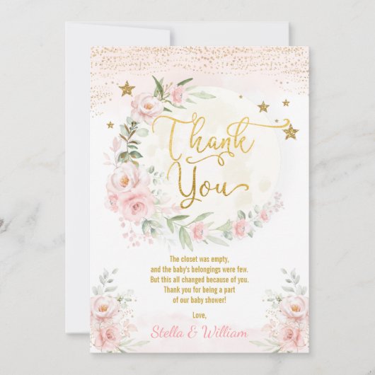 月越しピンクの金ゴールドフローラ星ベビーシャワー サンキューカード (正面)