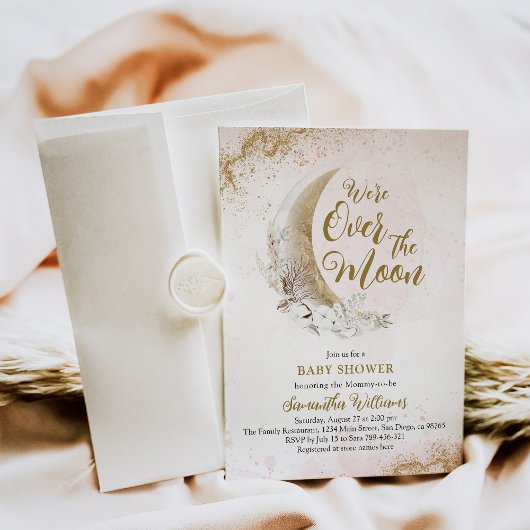 月越し金ゴールドピンクのベビーガールシャワー 招待状