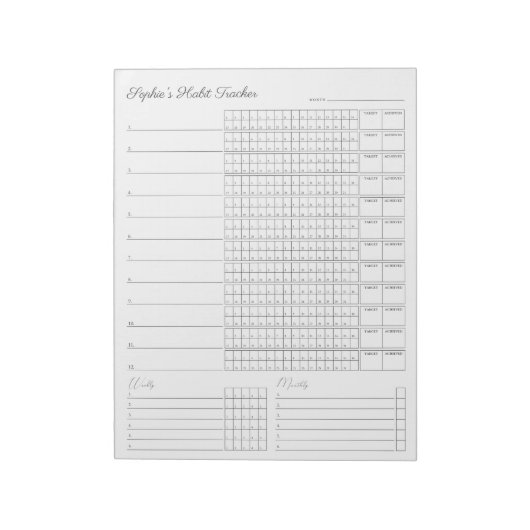月間習慣トラッカー – ミニマルプランナー ノートパッド (回転)