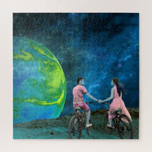 月面でのカップルの自転車乗り 外宇宙 ジグソーパズル (縦)