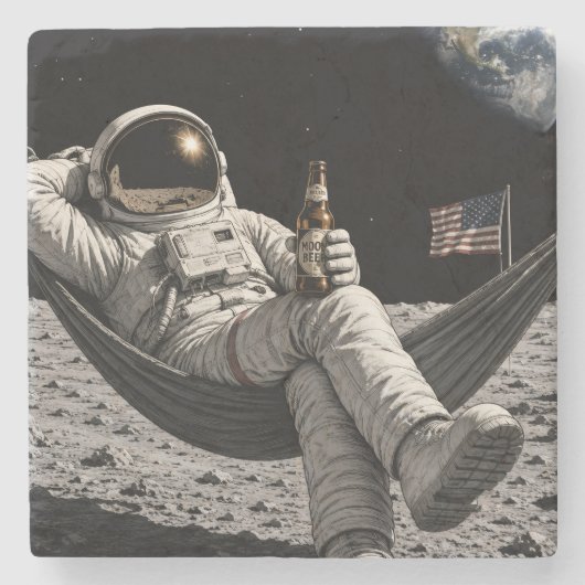 月面でビールを飲む宇宙飛行士 ストーンコースター (正面)