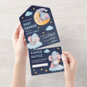 月面で眠る象 ネイビーブルーのベビーシャワー オールインワン招待状 (貼ってはがせる)