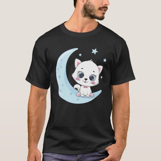 月面に座るかわいい子猫 Tシャツ (正面)