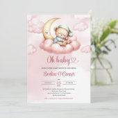 月面に眠る水色ピンクのテディベア 招待状 (スタンド正面)