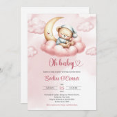 月面に眠る水色ピンクのテディベア 招待状 (正面/裏面)