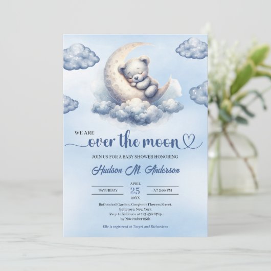月面の上に水色テディベア赤ちゃんシャワー 招待状 (スタンド正面)