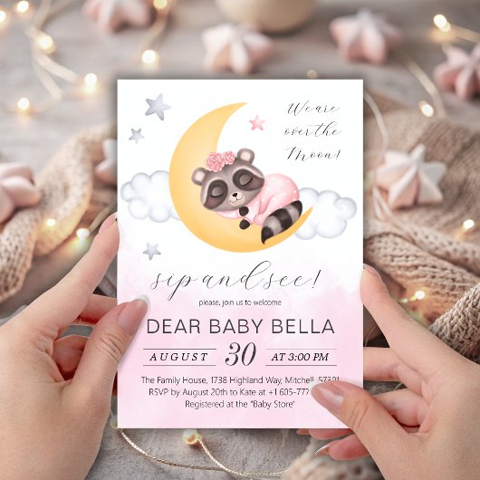 月面の夢を見るアライグマの女の子のsipと参照 招待状