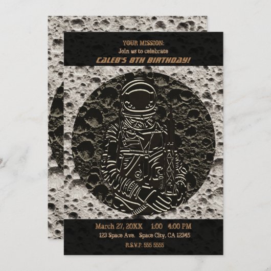 月面の宇宙飛行士 スペース ブラック＆グレー 招待状 (正面/裏面)