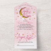 月面の星空ピンクの金ゴールドベビーガールシャワー オールインワン招待状 (内側)
