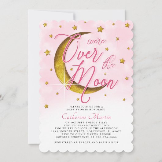 月面の星空ピンクの金ゴールドベビーガールシャワー 招待状 (正面)