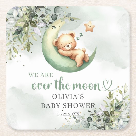 月面男女兼用に水色のテディベア スクエアペーパーコースター (正面)