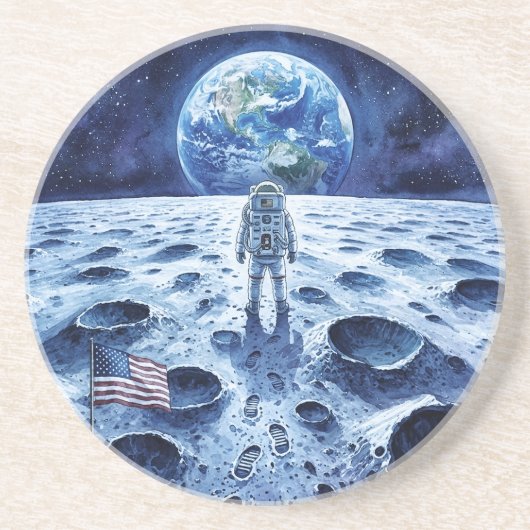 月面着陸 - 宇宙飛行士とアメリカ国旗 コースター (正面)
