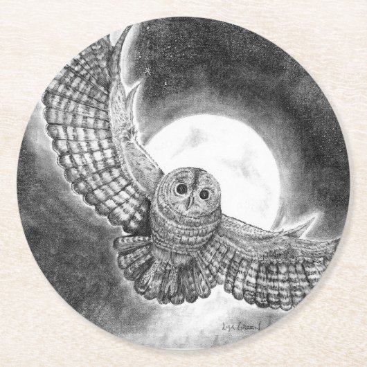 月飛んでいる前のフクロウ ラウンドペーパーコースター (正面)