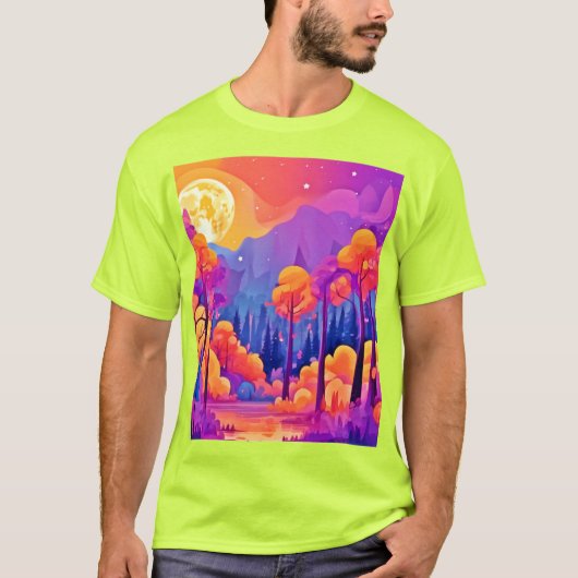 月鮮やか付き森 Tシャツ (正面)