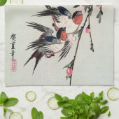 月、つばめおよびモモの花の台所タオル キッチンタオル (折り畳み)