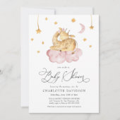 月&スターズアニマルキリンピンクの女の子ベビーシャワー 招待状 (正面)