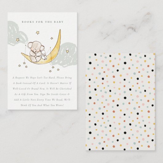 月&スターズエレファントバニーの本の赤ちゃんシャワー エンクロージャーカード (正面/裏面)