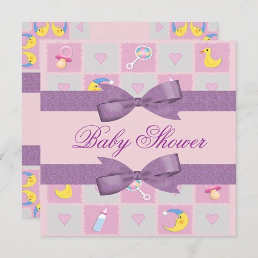 月、ハート、ベビーのおもちゃのベビーガーリーシャワー 招待状 (正面/裏面)