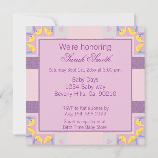 月、ハート、ベビーのおもちゃのベビーガーリーシャワー 招待状 (裏面)