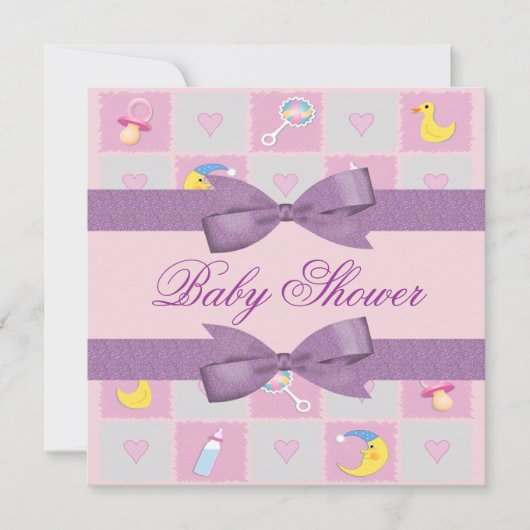 月、ハート、ベビーのおもちゃのベビーガーリーシャワー 招待状 (正面)