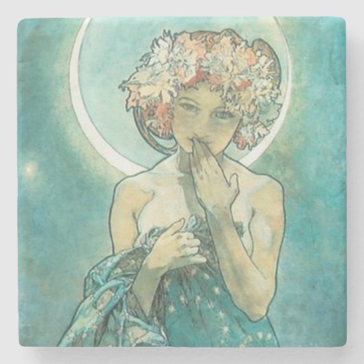 「月」ミュシャ、グリーンストーン・コースター ストーンコースター (正面)