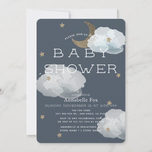月、星と雲ネイビー赤ちゃんシャワー 招待状 (正面)
