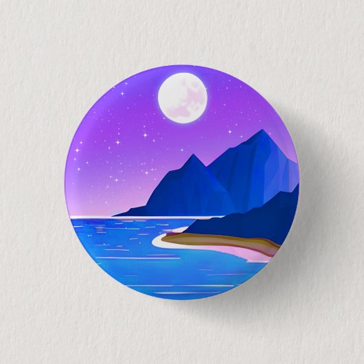 月、星の海と山の紫と青 缶バッジ (正面)