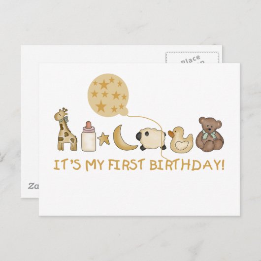 月、星、動物の最初の誕生日 ポストカード (正面/裏面)