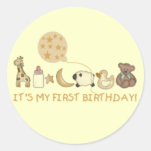 月、星、動物の最初の誕生日 ラウンドシール