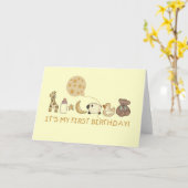 月、星、動物の第一誕生日 カード (黄色い花)