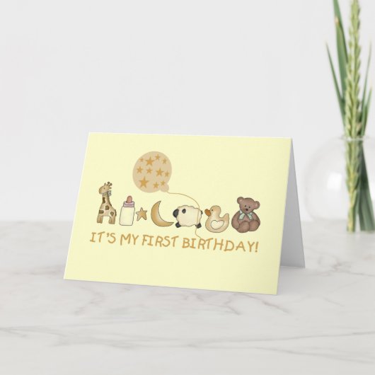 月、星、動物の第一誕生日 カード (正面)