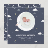 月、星、雲のかわいい写真誕生 案内状 (正面/裏面)